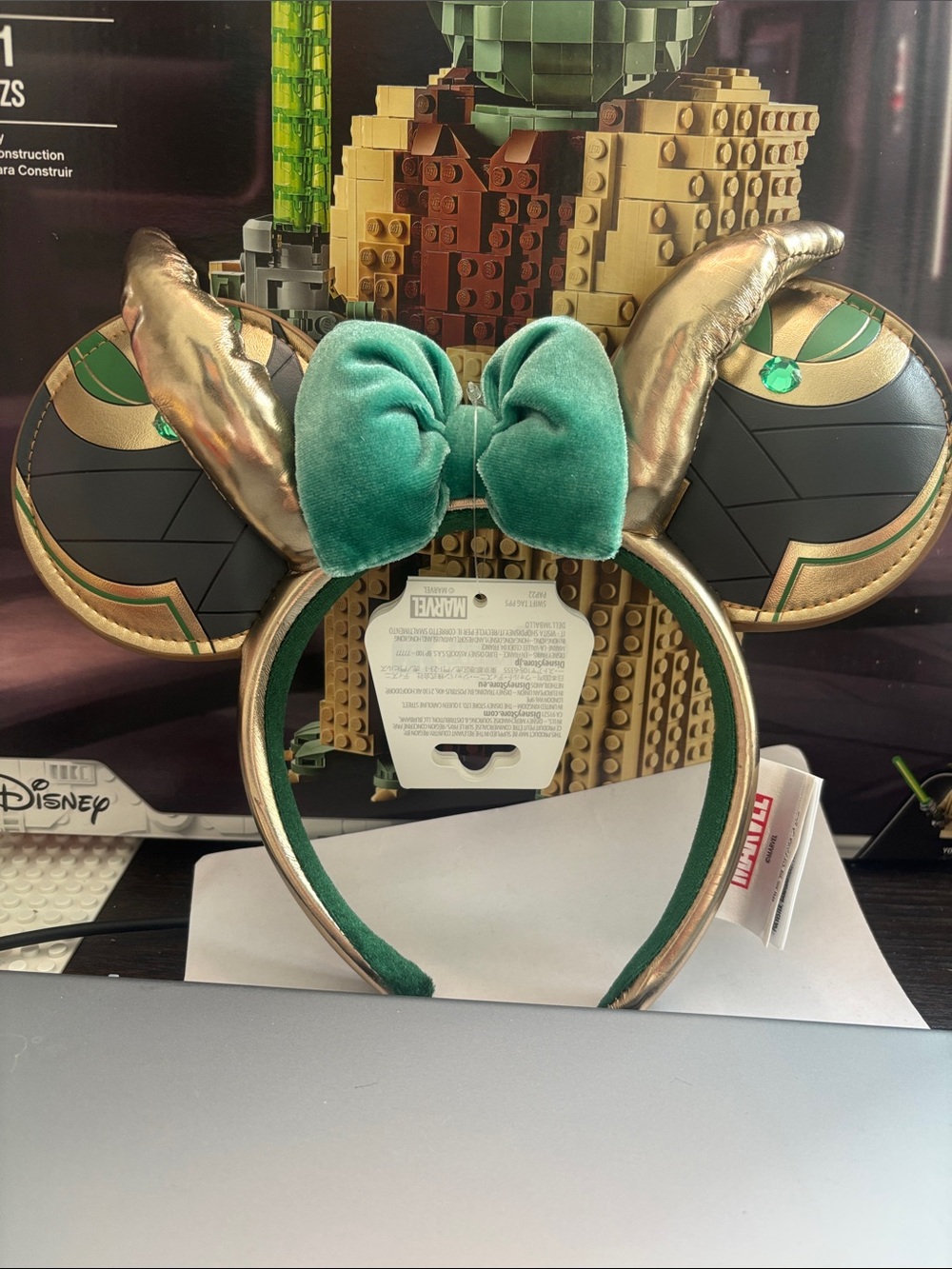Marvel Green Velvet Bow Mouse Ears with Metallic Gold Accents